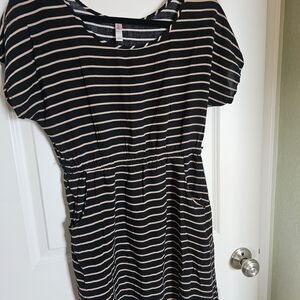 Xhilaration Black and Tan Striped Midi Dress Sz Lg w/pockets